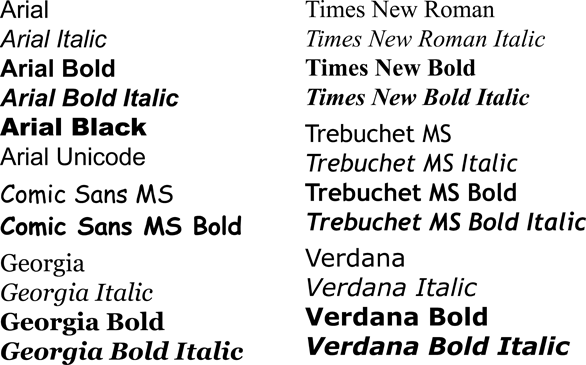 Arial, Comic Sans MS, Georgia, Times New Roman, Trebuchet and Verdana